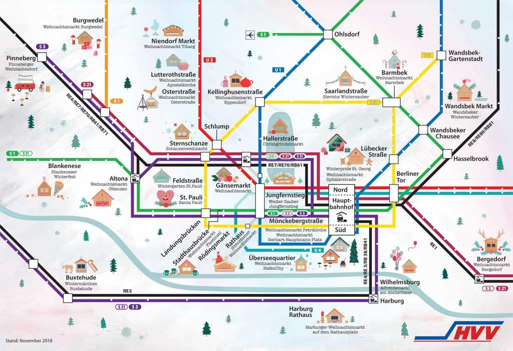 Ein HVV-Schnellbahn-Plan von 2018, der die Lage beliebter Weihnachtsmärkte anzeigt